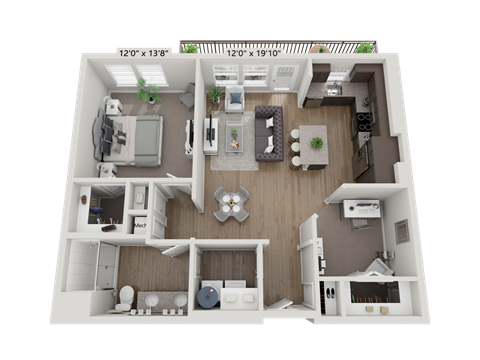 Floor plan for 1 bed, 1 bath, 894 sqft